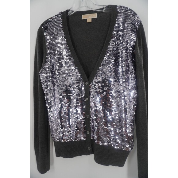 MICHAEL Michael Kors Grey Silver Sequin V-Neck Button Front Cardigan Sweater SzM - Picture 6 of 10